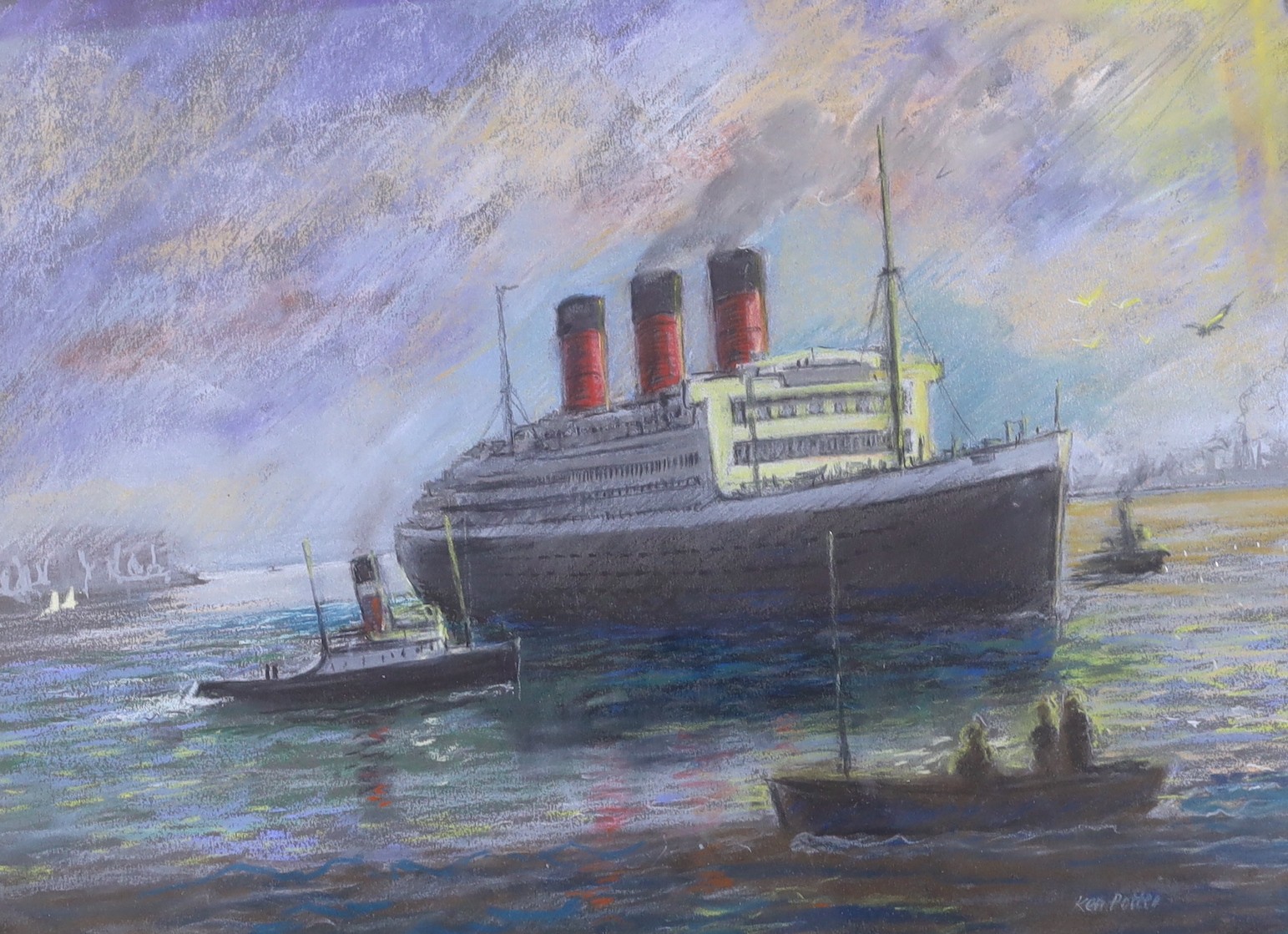 Ken Potter, pastel, 'The Majestic Enters Port', signed, 34 x 47cm